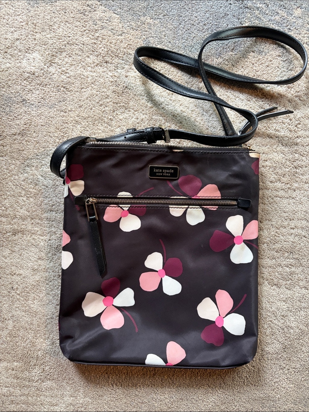 kate spade Black Floral Nylon Crossbody with Pink and White Blooms